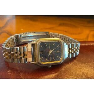 Women's Two Tone 20mm Signet Watch, Black Face, Adjustable Band